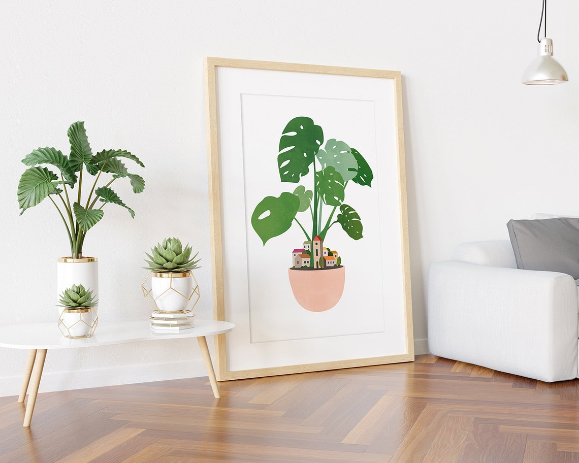 Monstera Plant in Peach Pot with Tiny Village Whimsical Poster - Image 3