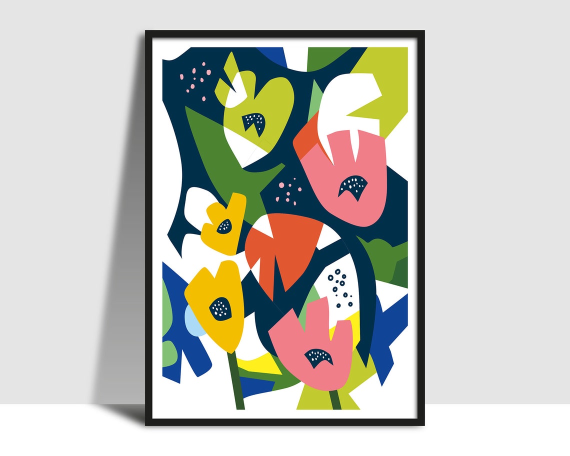 Bold Pink Green Yellow Modern Abstract Flower Collage Poster