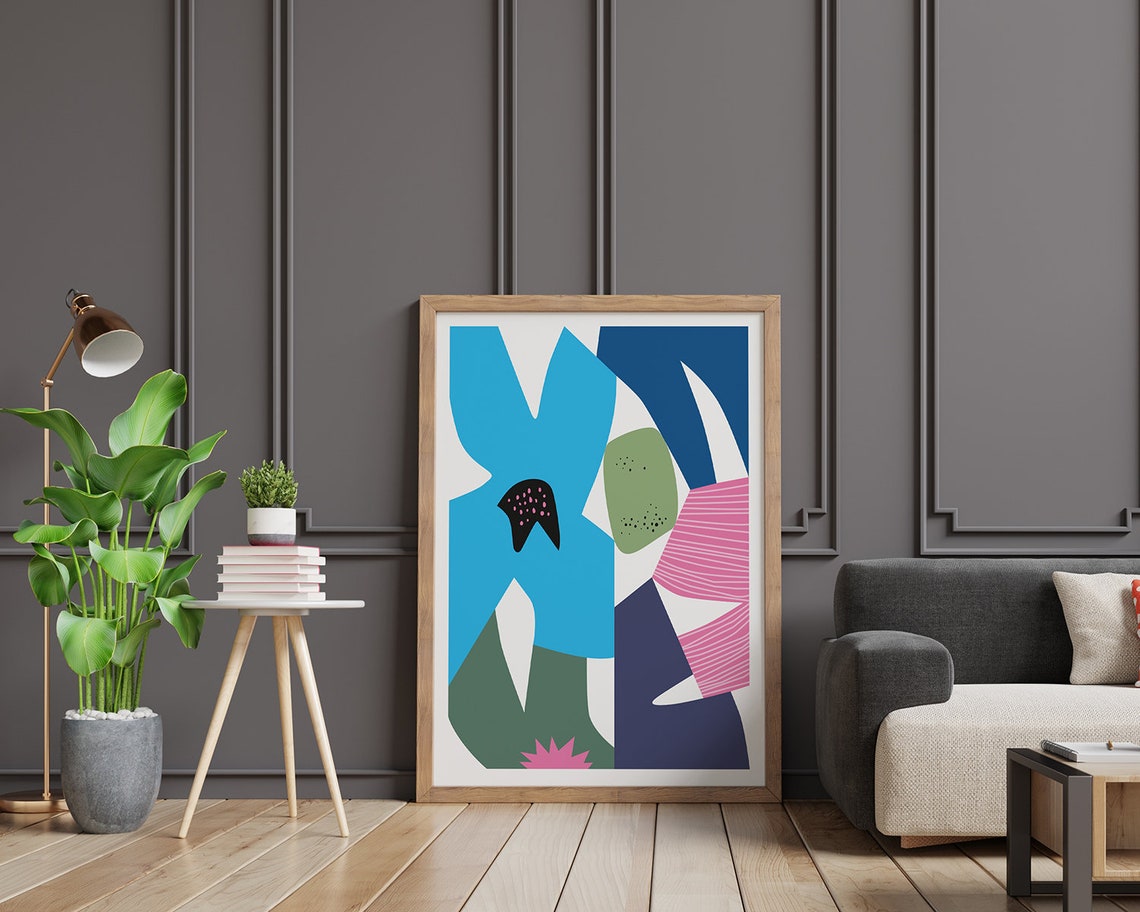 Bright Blue Abstract Flower Shape Pink Contemporary Art Poster - Image 2