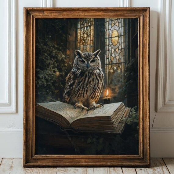 Gothic Owl And Skull Wall Art Antique Candlelit Dark Academia Library Painting Vintage Book Stack Print