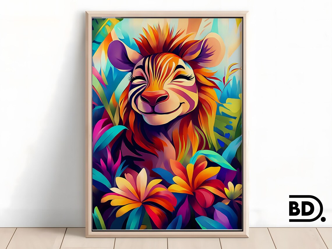 Smiling Zebra Portrait in a Bright Tropical Flower Jungle Poster