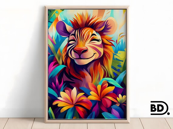 Smiling Zebra Portrait in a Bright Tropical Flower Jungle Poster