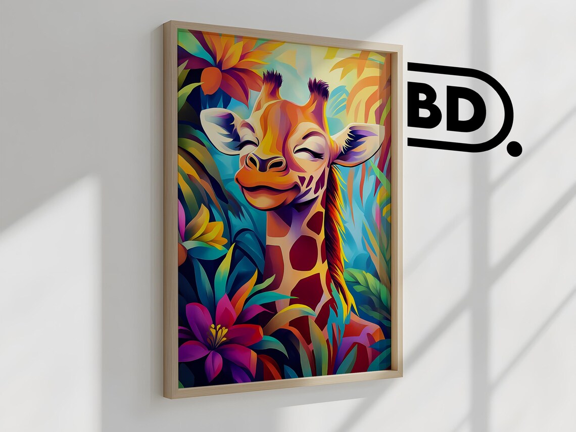 Smiling Giraffe Colorful Jungle Floral Animal Portrait Poster - Image 2