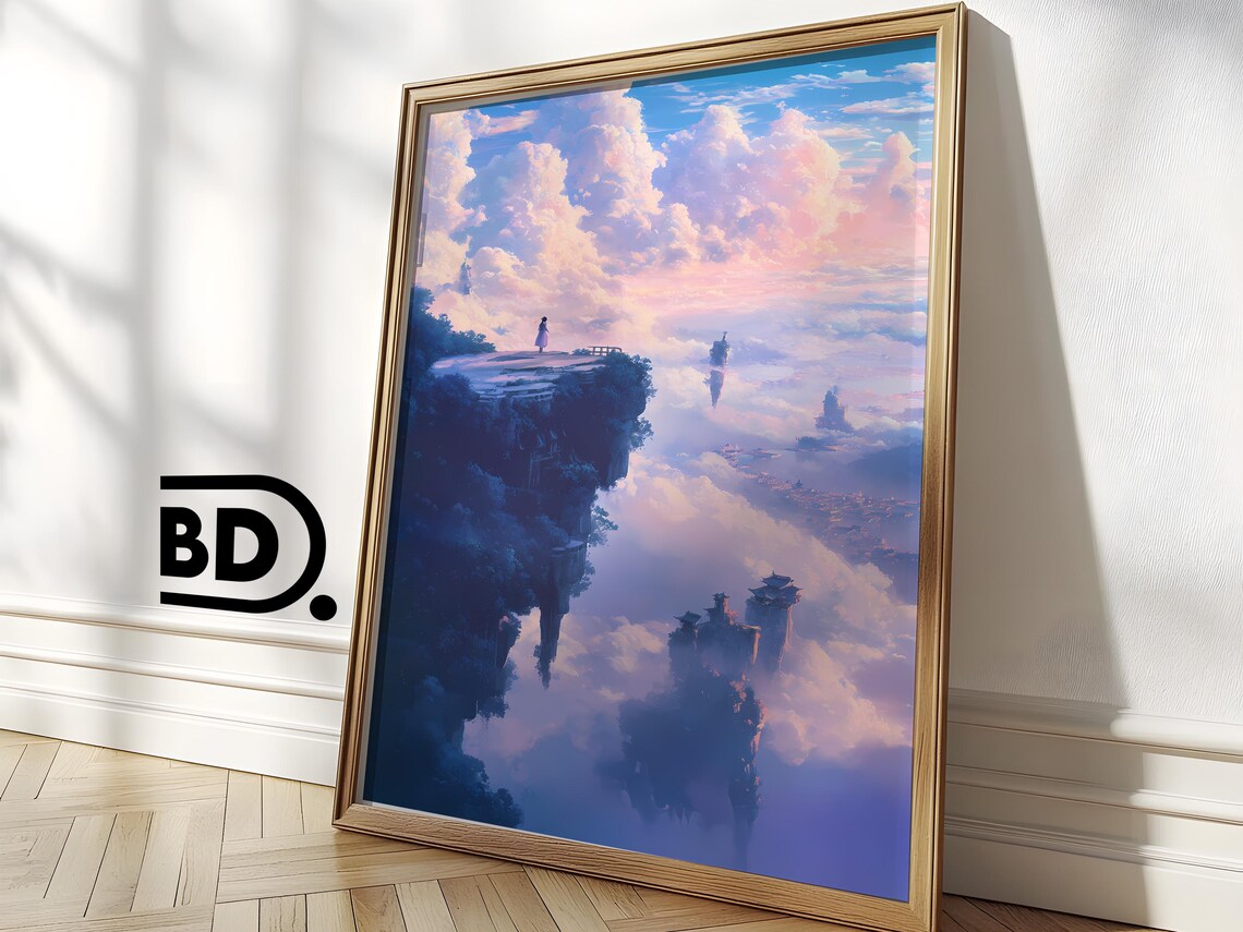 Fantasy Sky Art Print Ghibli Inspired Dreamscape With Whimsical Clouds Blue Purple Tones Magical Wall Decor For Cozy Spaces - Image 3