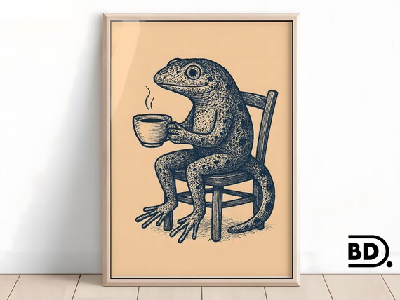 Quirky Salamander Coffee Wall Art Print Cute Retro Kitchen Decor Vintage Teacup Salamander Illustration For Boho Dining Hiker Gift