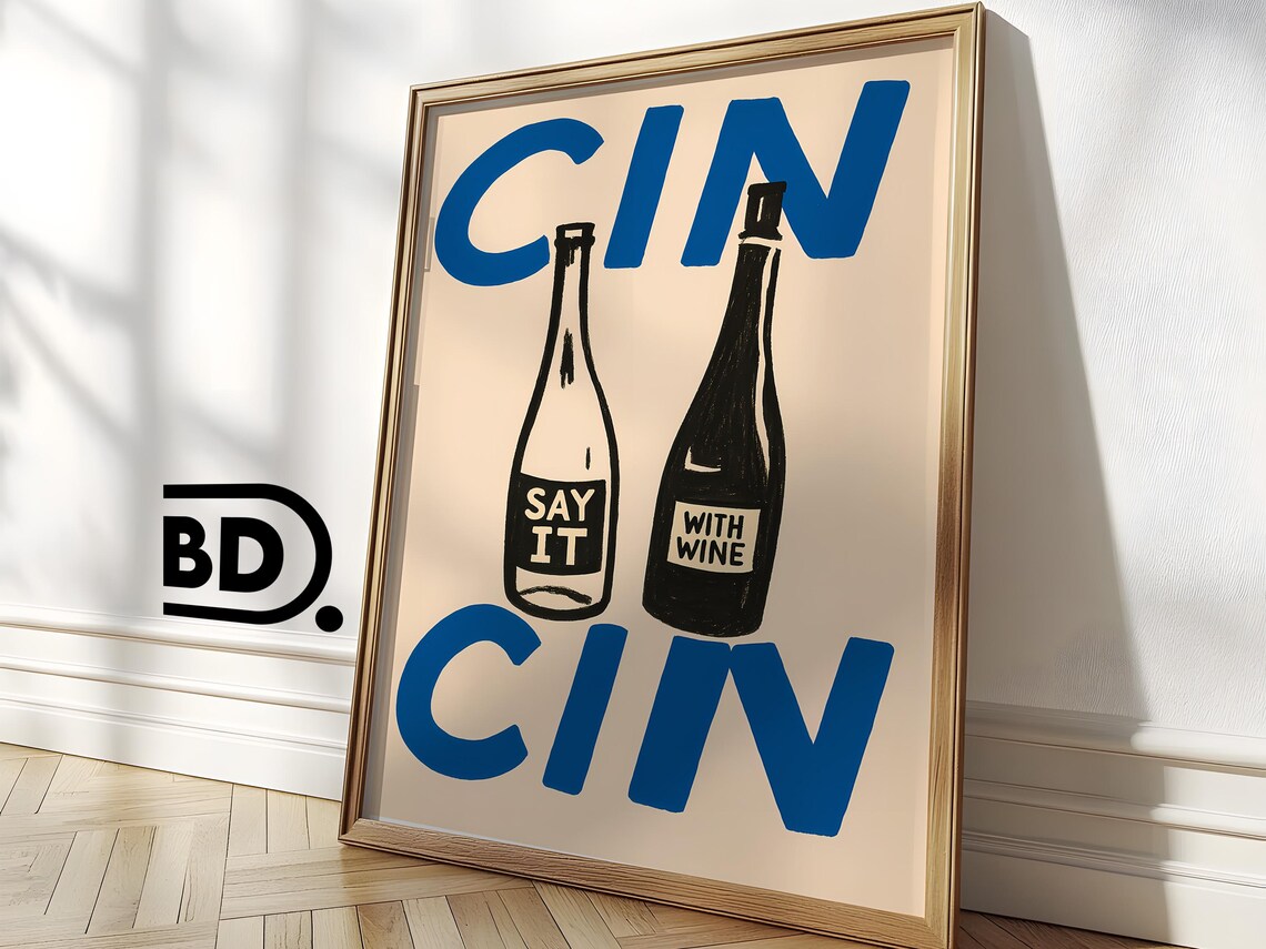 Cin Cin Wine Bottles Blue Block Lettering On Cream Background Poster - Image 3