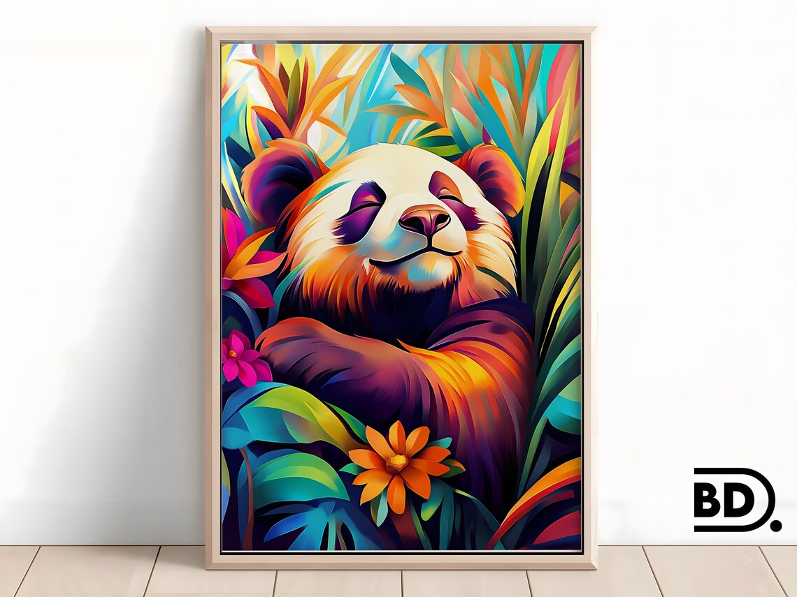 Sleepy Smiling Panda in a Tropical Flower Jungle Animal Poster