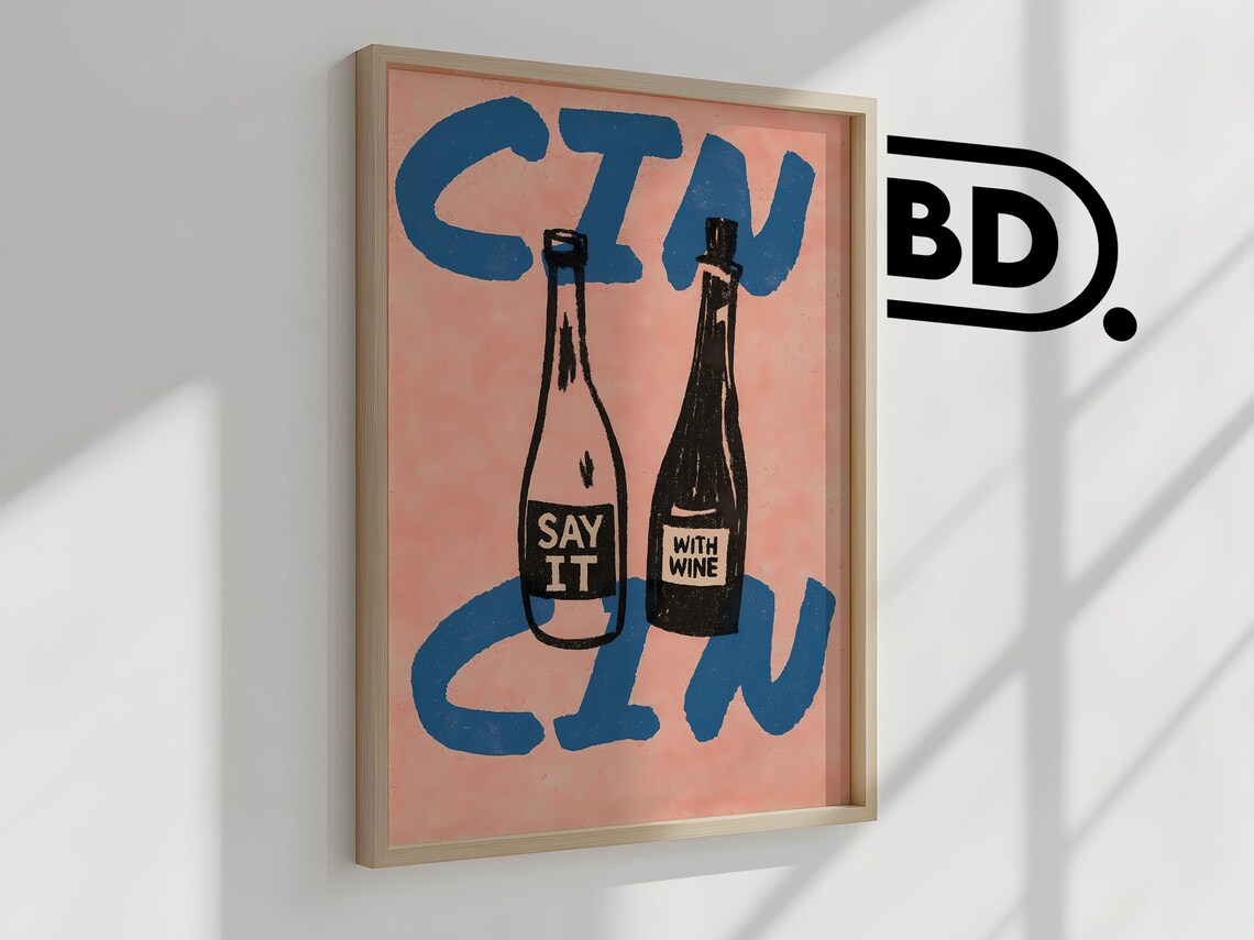Cin Cin Wine Bottles Blue Brush Lettering On Peach Background Poster - Image 2
