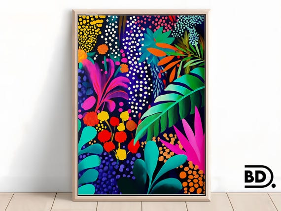 Neon Tropical Foliage Painting Vibrant Floral Wall Art Bold Colorful Jungle Decor Glitter Textured Botanical Artwork