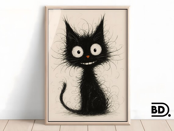 Grinning Scruffy Black Cat Quirky Ink Sketch Illustration Wall Art