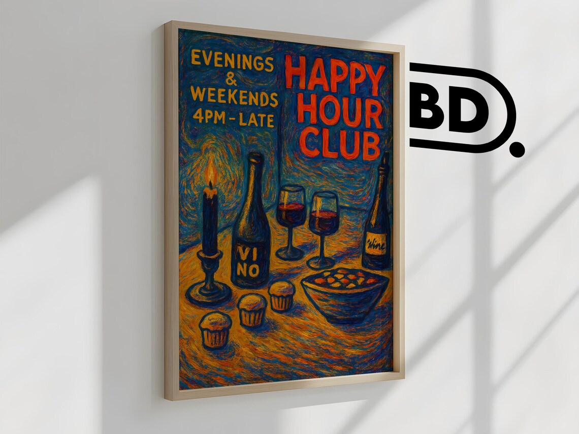 Happy Hour Club Van Gogh Style Evening Wine And Snacks Poster - Image 2