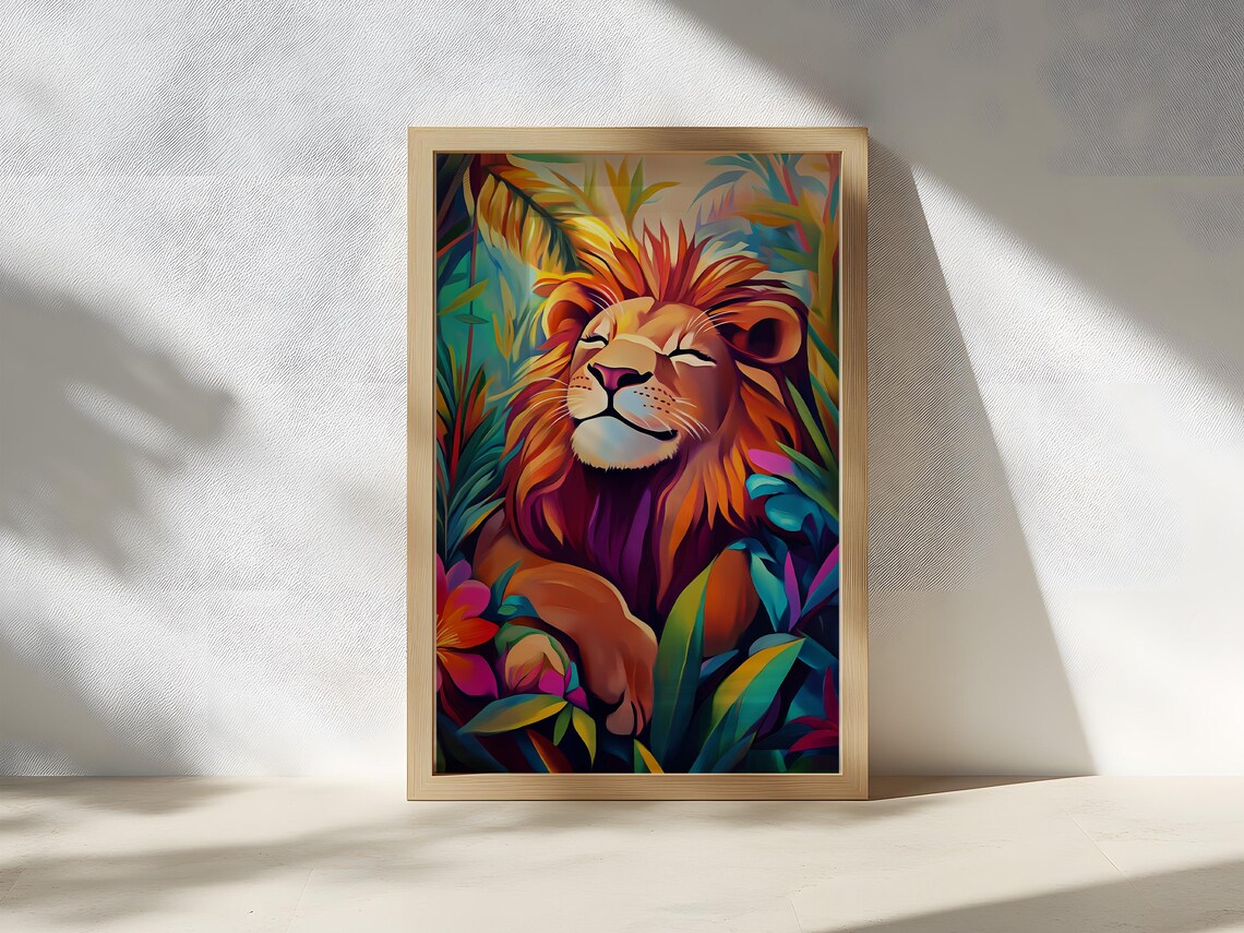 Smiling Lion Colorful Jungle Floral Portrait Animal Wall Art - Image 2