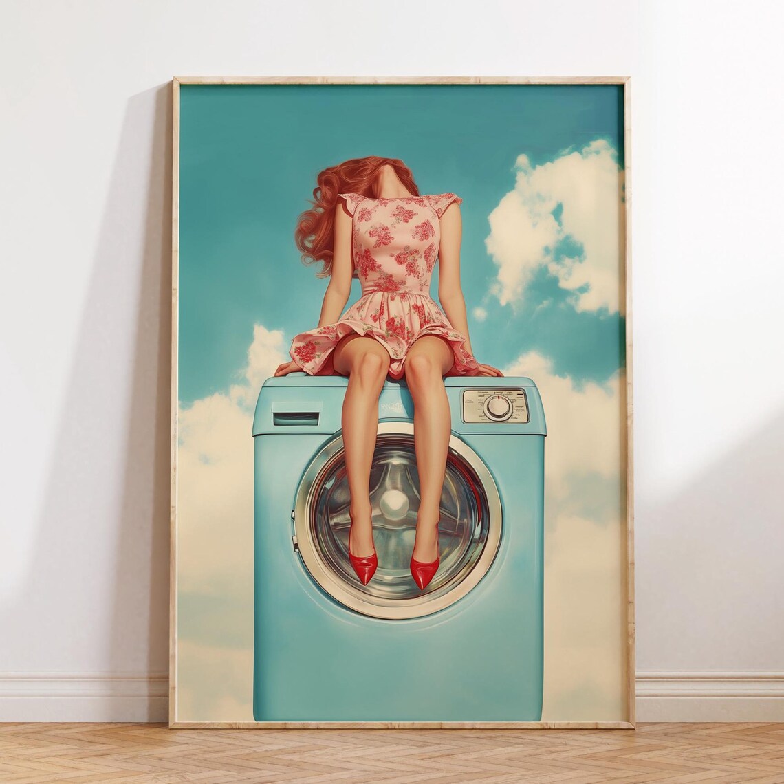 Retro Pin Up Girl On Washing Machine Dreamy Sky Laundry Poster