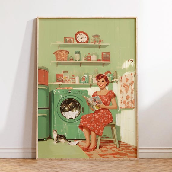 Funny Laundry Poster Print Room Decor Vintage Cute Quote Minimalist Wall Art Retro 70s Blue