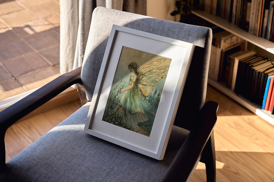 Green Meadow Fairy Translucent Wings Vintage Teal Postcard Poster - Image 2