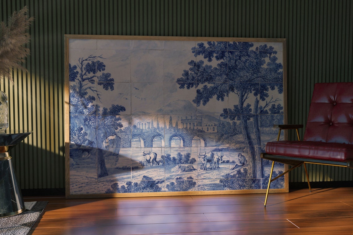 Delft Blue Tile River Bridge Cows 18th Century Antique Ceramic Poster - Image 2
