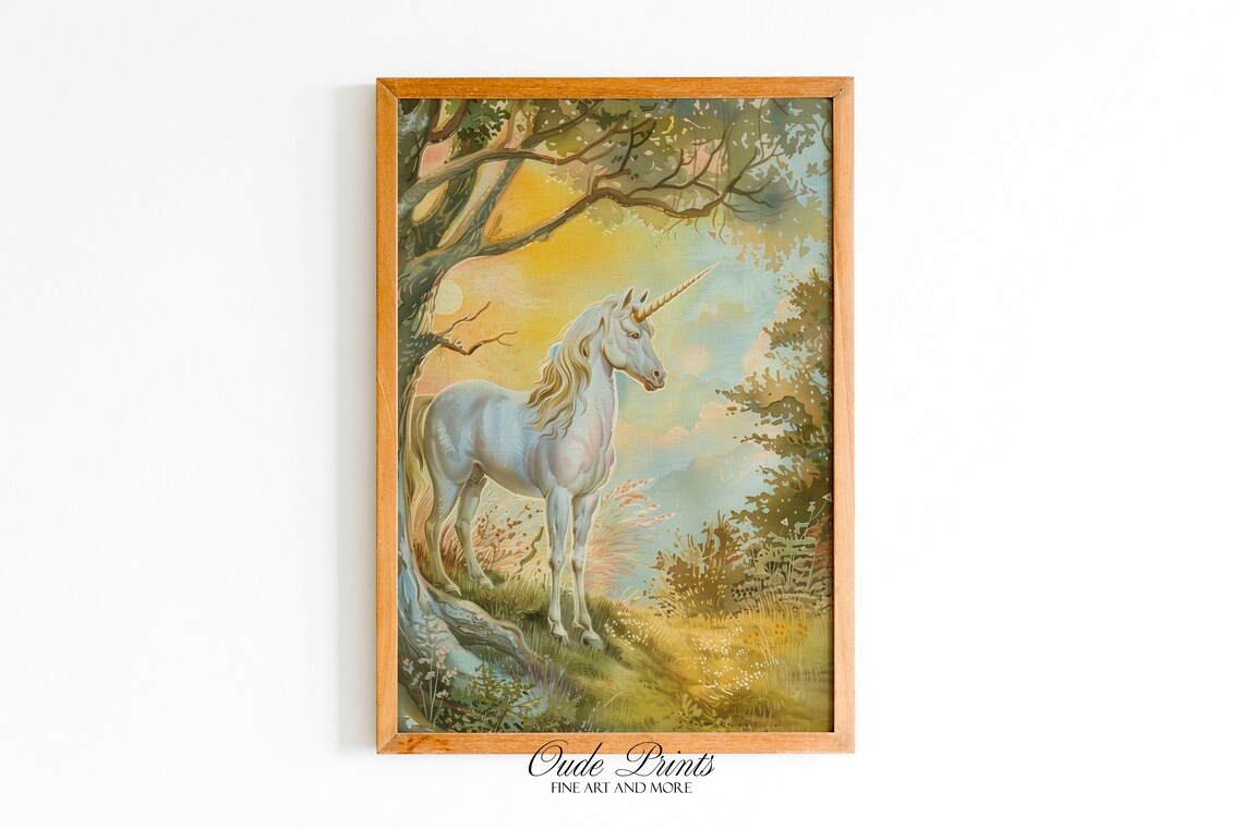 White Unicorn in Golden Sunset Meadow Vintage Fairytale Poster