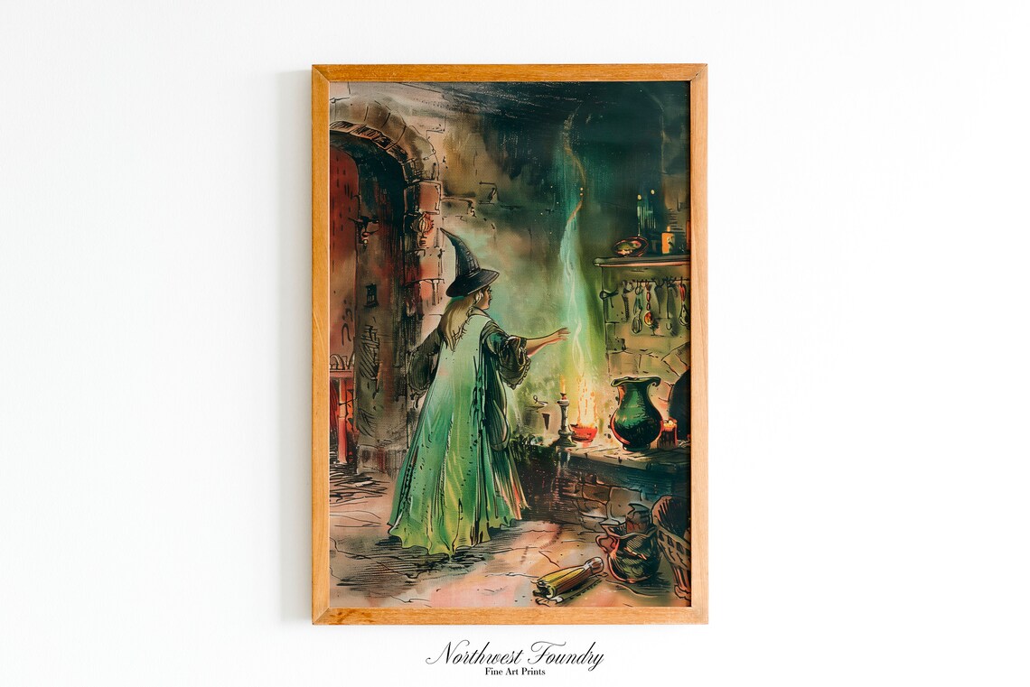 Green Witch Making Potions, Vintage Storybook Illustration