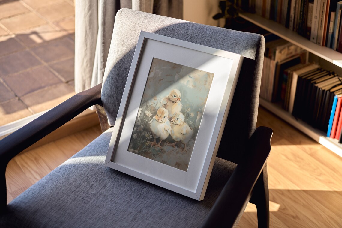 Three Fluffy Baby Chicks Spring Meadow Vintage Oil Painting Poster - Image 2