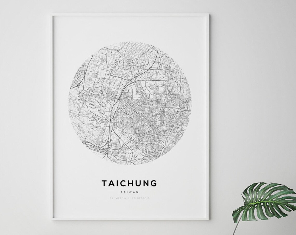 Taichung Taiwan Circular Street Map Minimalist Black and White Poster