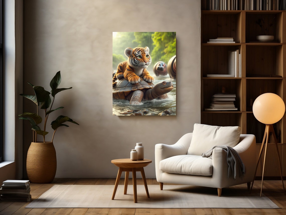 Cute Tiger Cub Riding A Tortoise Across A Rainy Jungle River Poster - Image 2