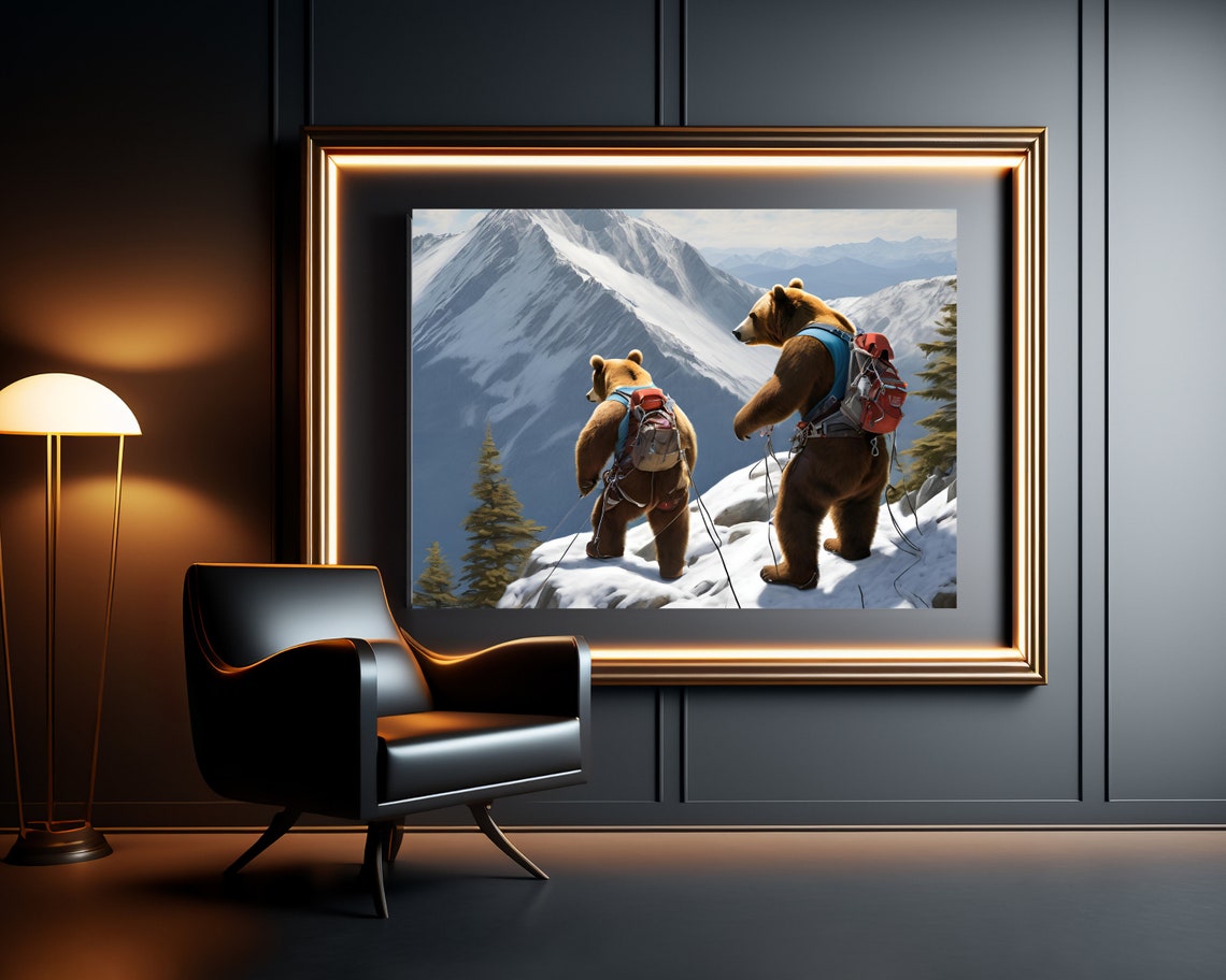Funny Bears Climbing a Snowy Mountain with Backpacks Hike Poster