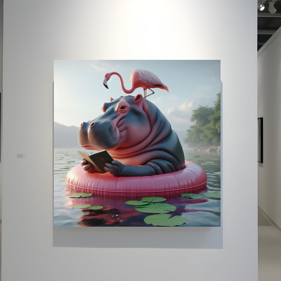 Funny Hippo Reading A Book On A Pink Pool Float With Flamingo Poster - Image 3