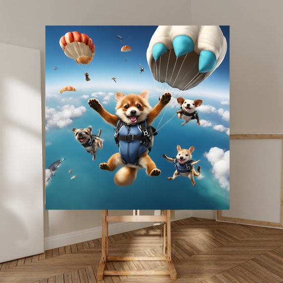Whimsical Puppies Sky Diving Animal Gallery Wrap 20x16 Or 36x36 Art For Every Space