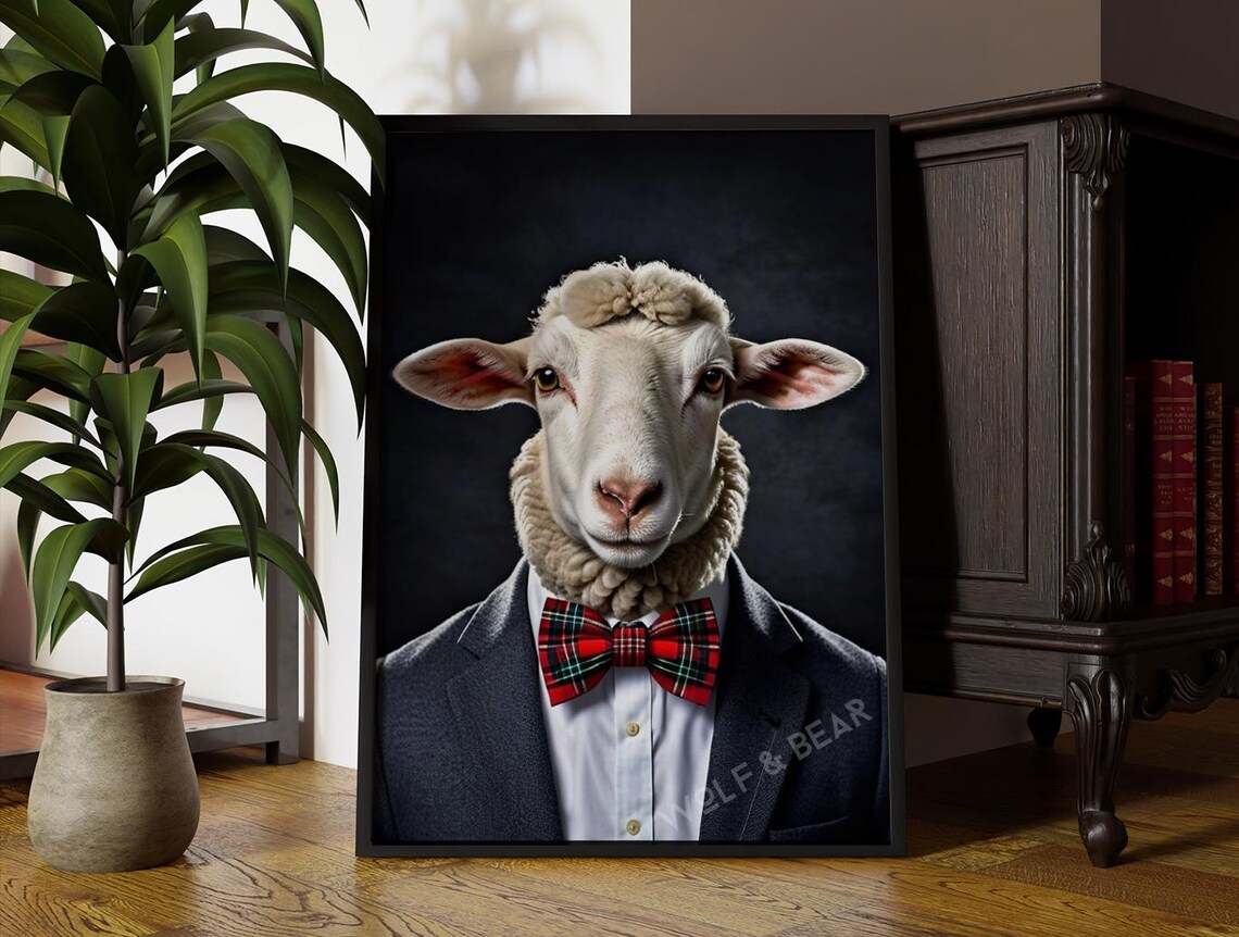Steve the Sheep Portrait Dark Suit Red Tartan Bow Tie Animal Poster