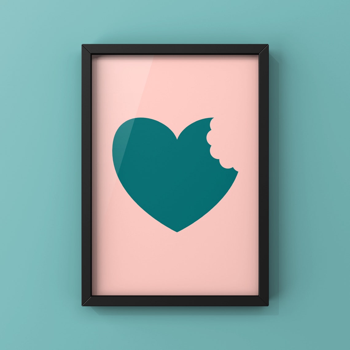 Teal Bitten Heart On Pink Minimalist Pop Love Graphic Art Poster