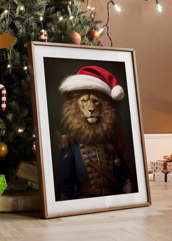 Festive Lion Christmas Portrait Santa Hat Military Coat Poster