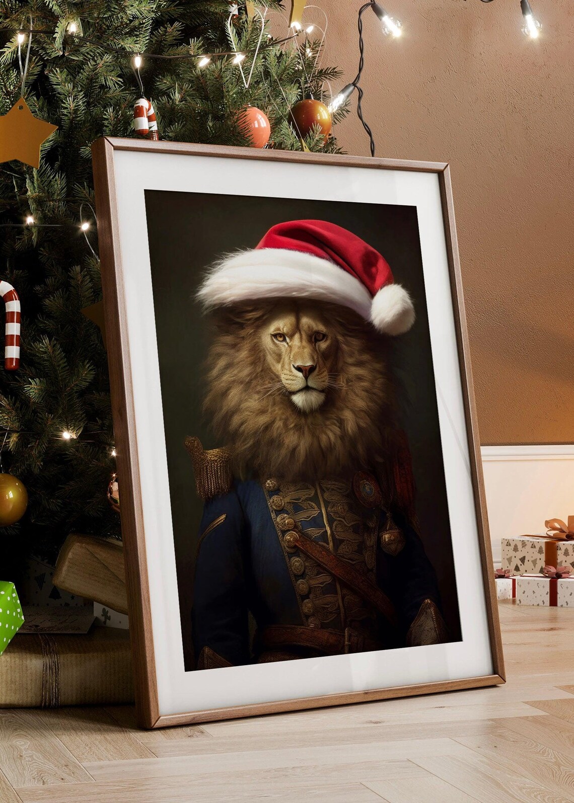Festive Lion Christmas Portrait Santa Hat Military Coat Poster