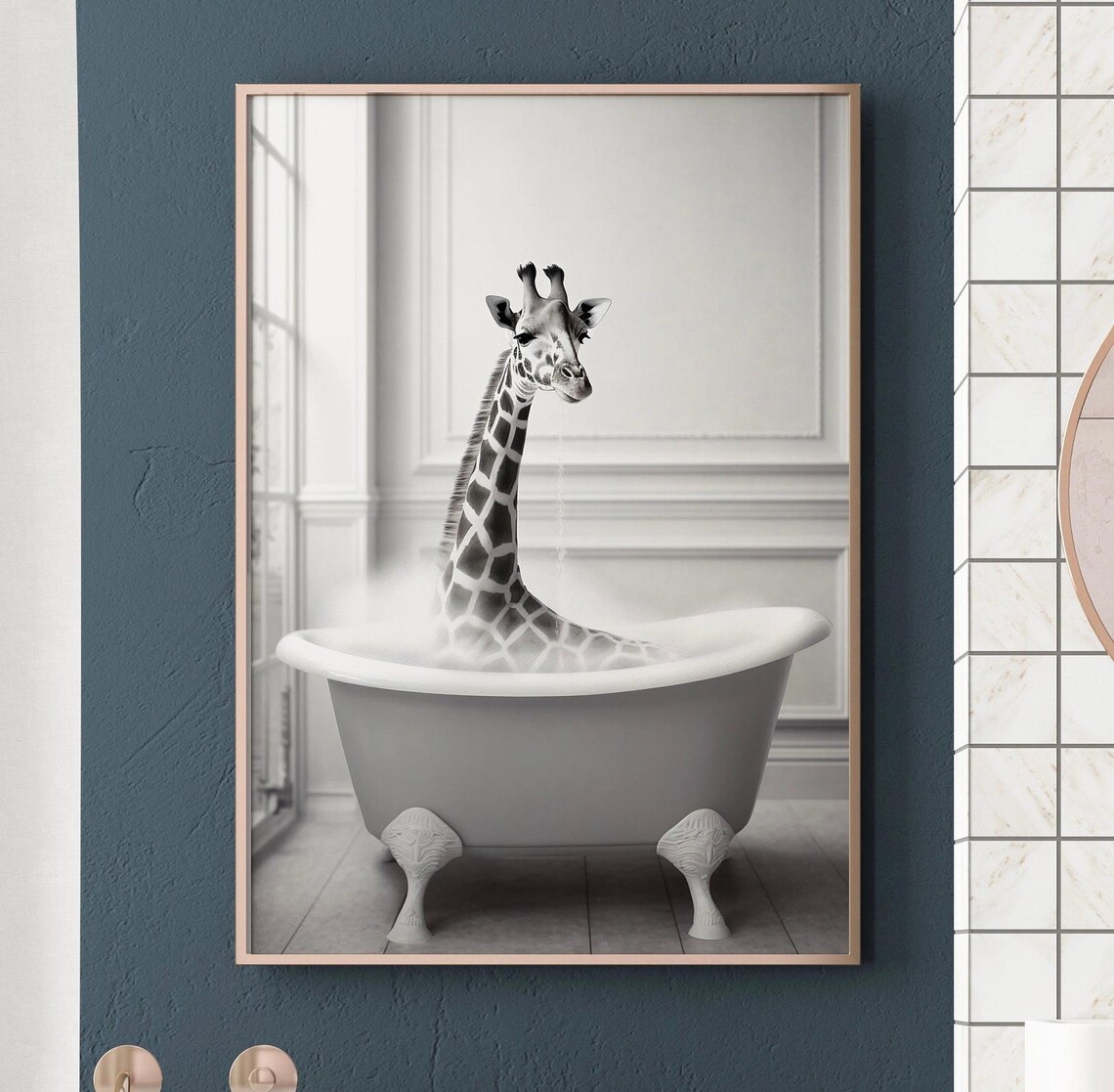 Giraffe in Bathtub Black and White Funny Bathroom Art Poster