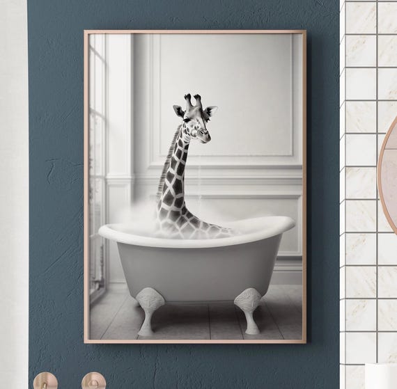 Giraffe In The Bath Photography Bathroom Wall Art Print