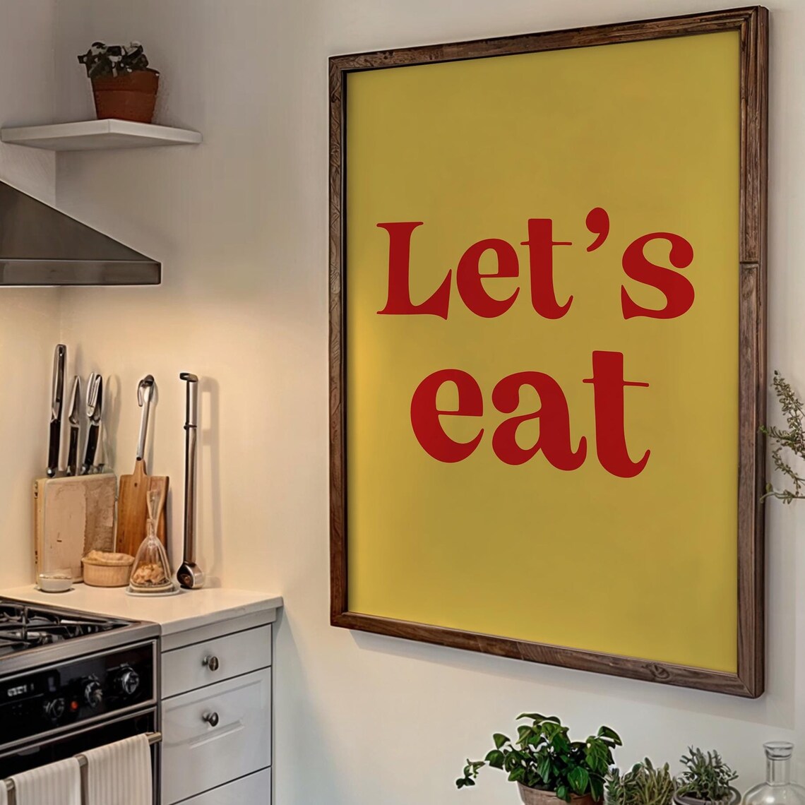 Lets Eat Retro Red Yellow Kitchen Poster Bold Foodie Wall Decor