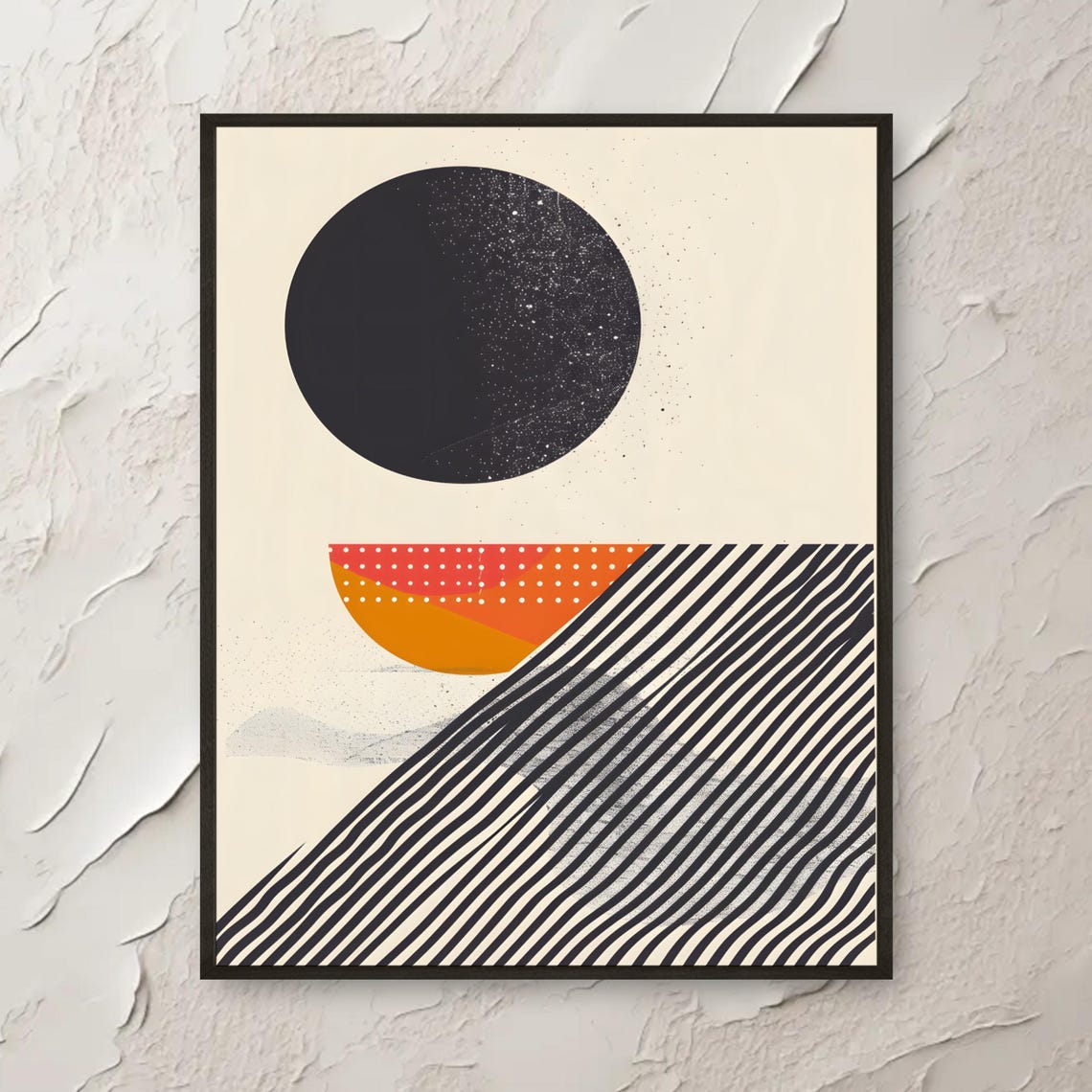 Abstract Geometric Black Circle and Orange Sun Waves Art Poster