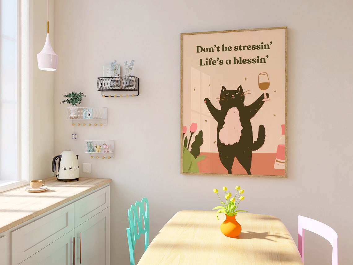 Don't Be Stressin Life's A Blessin Black Cat Wine Quote Poster - Image 3