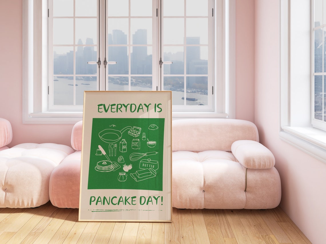 Everyday Is Pancake Day Green Kitchen Doodle Breakfast Art Poster - Image 2
