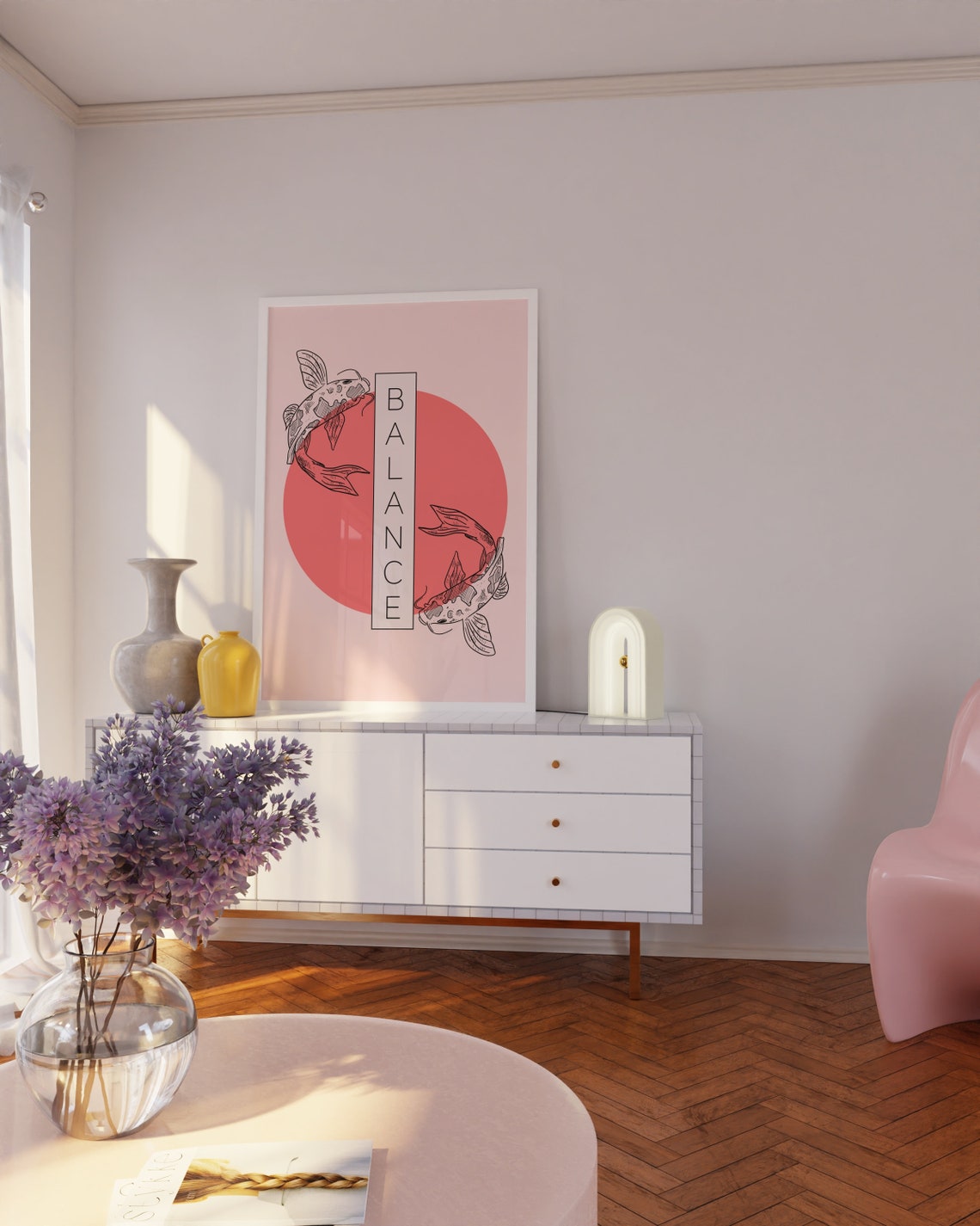 Balance Pink Koi Fish Japanese Yin Yang Retro Symbol Art Poster - Image 2