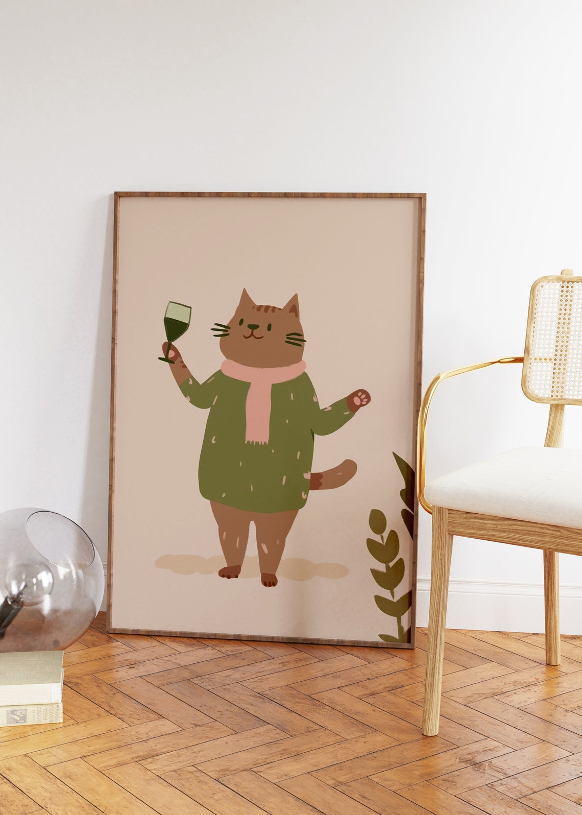 Funny Wine Cat Green Sweater Hand Drawn Cartoon Kitten Poster - Image 2