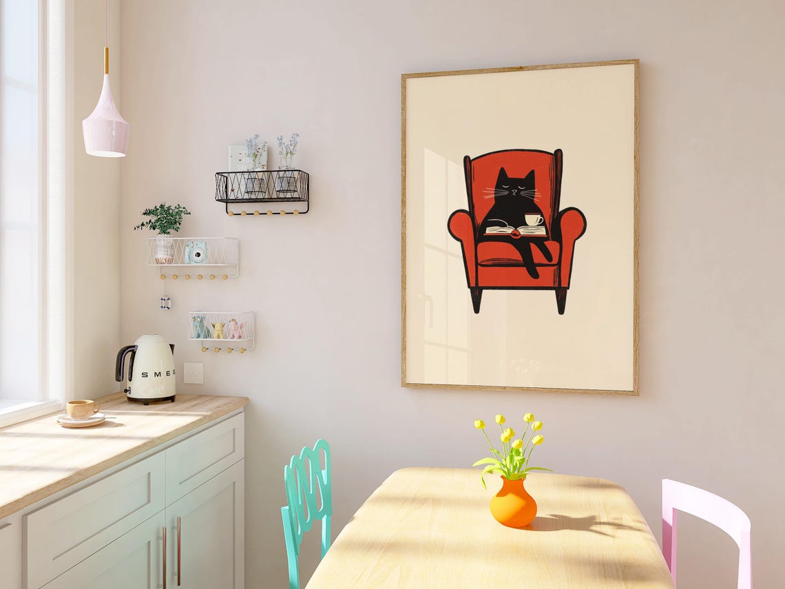 Cute Black Cat Reading Book Red Armchair Cozy Bookworm Poster
