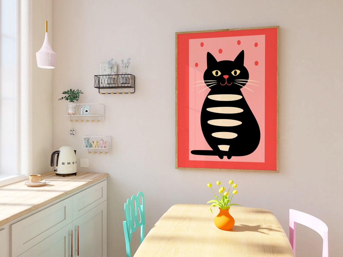 Black Cat Cream Stripes Pink Mid Century Modern Cute Feline Poster - Image 3