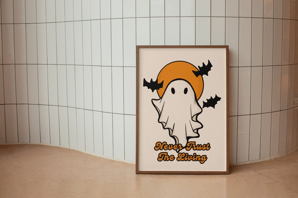 Never Trust The Living Cute Ghost Bats Halloween Quote Poster - Image 3
