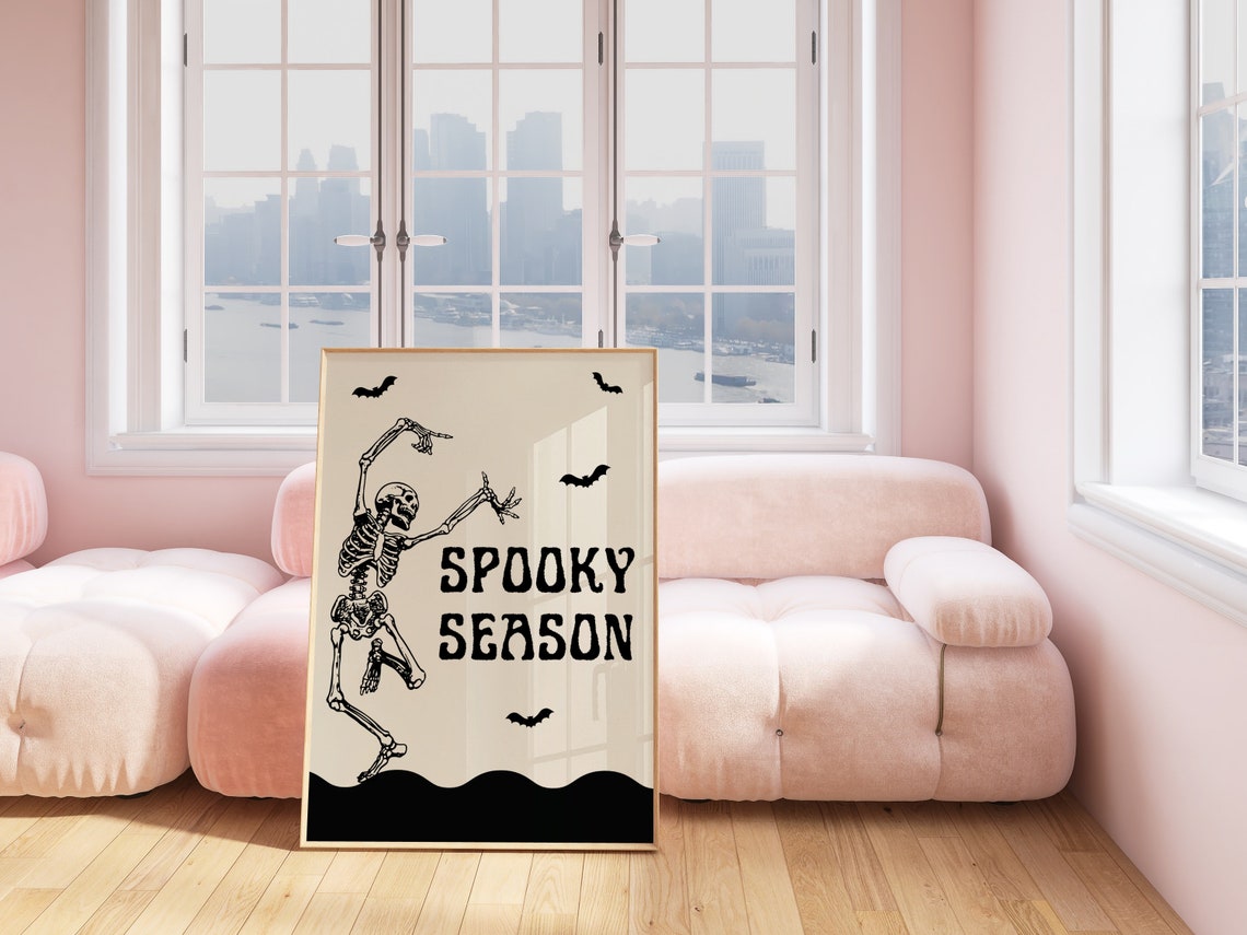 Spooky Season Dancing Skeleton Black Cream Retro Halloween Art Poster - Image 2