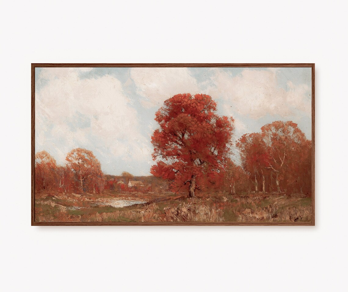 Vintage Autumn Red Trees Landscape Painting with Quiet Pond Poster