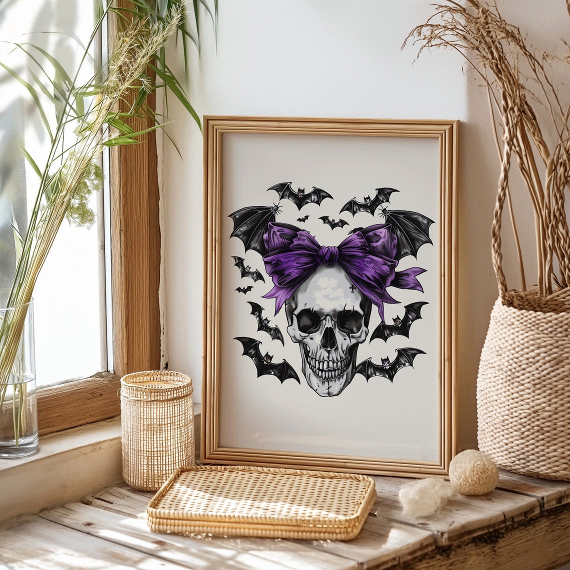Halloween Skull Purple Bow Bats Coquette Spooky Decor Art Poster - Image 2