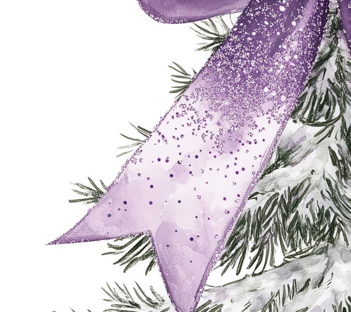 Lilac Glitter Bow Watercolor Christmas Tree Holiday Art Decor Poster - Image 2