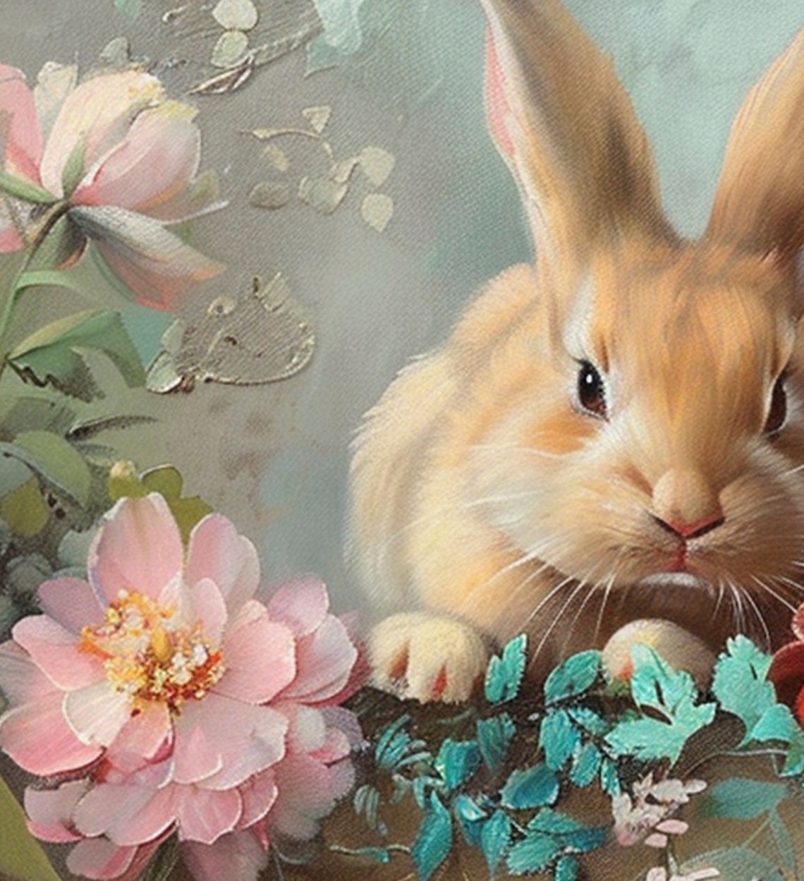 Three Spring Bunnies with Pink Bow Cute Easter Painting Poster - Image 3