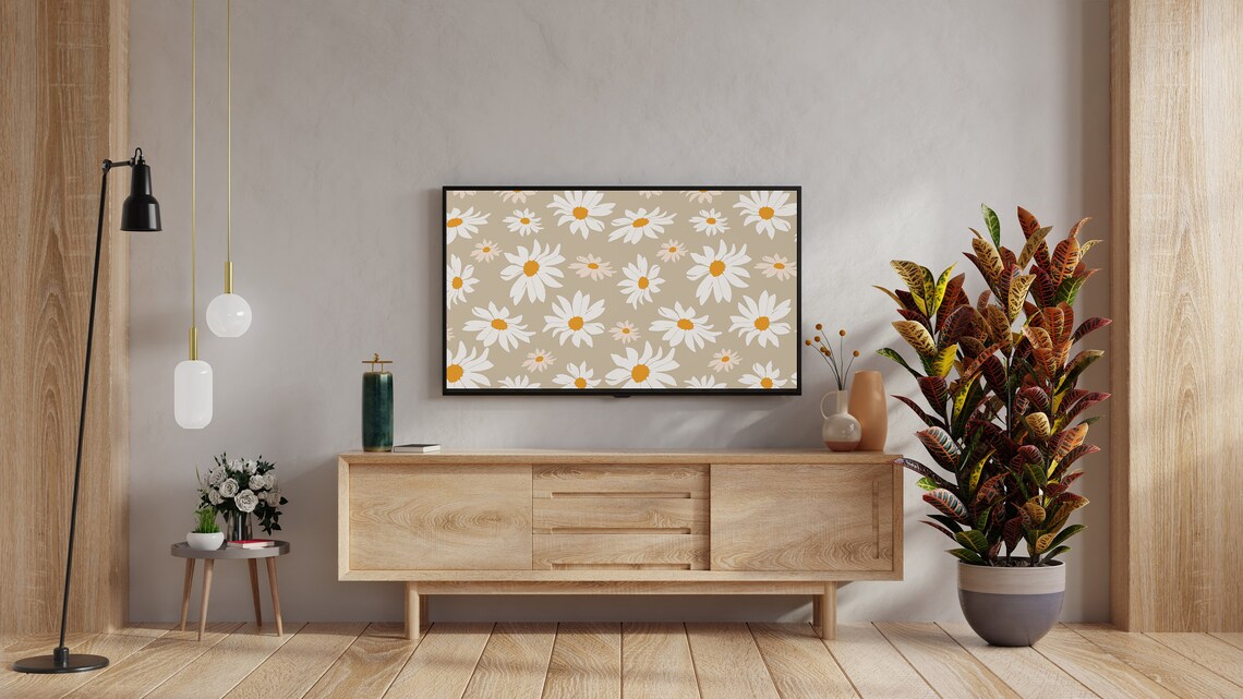 Abstract Floral Daisy Art Print, Beige Frame TV - Image 2