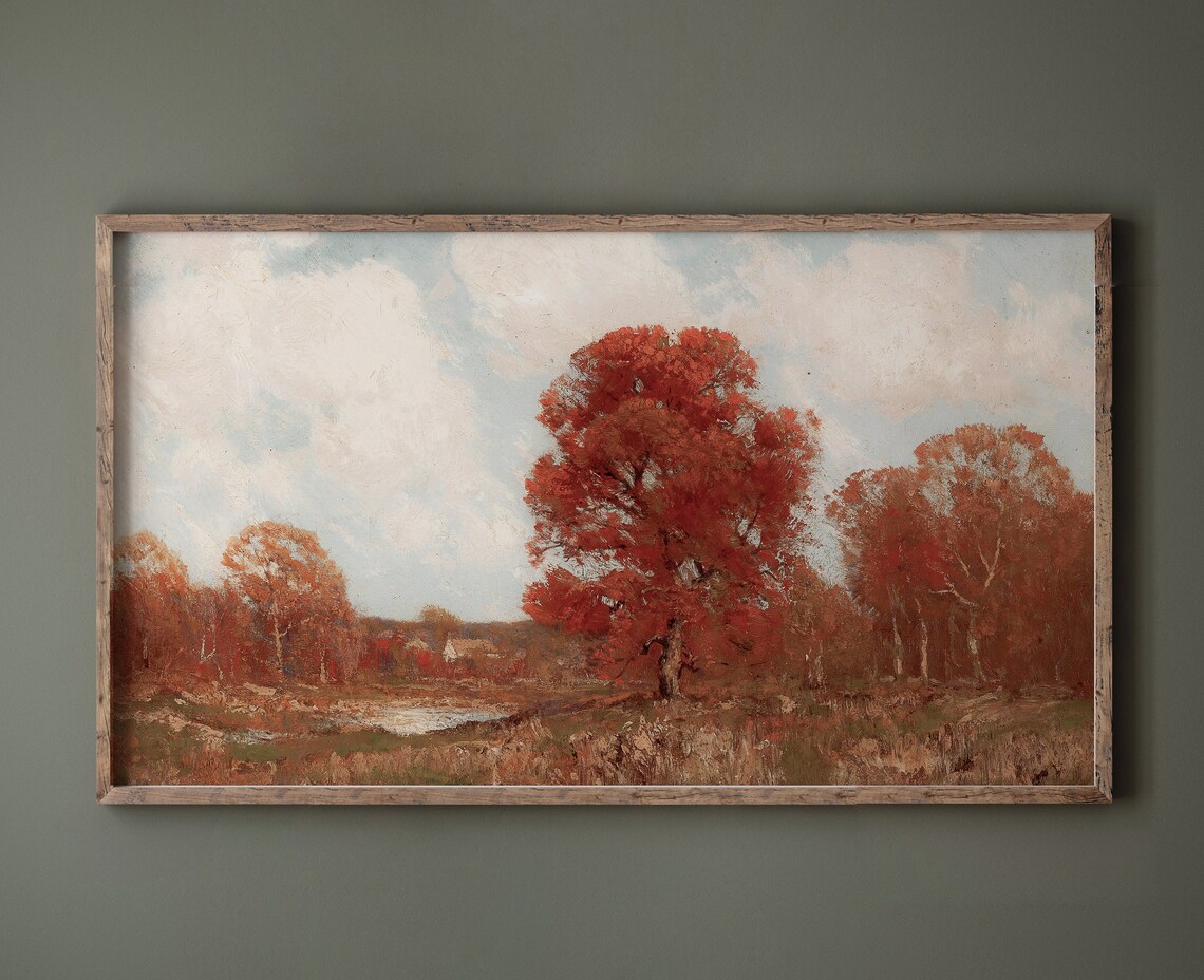 Vintage Autumn Red Trees Landscape Painting with Quiet Pond Poster - Image 2